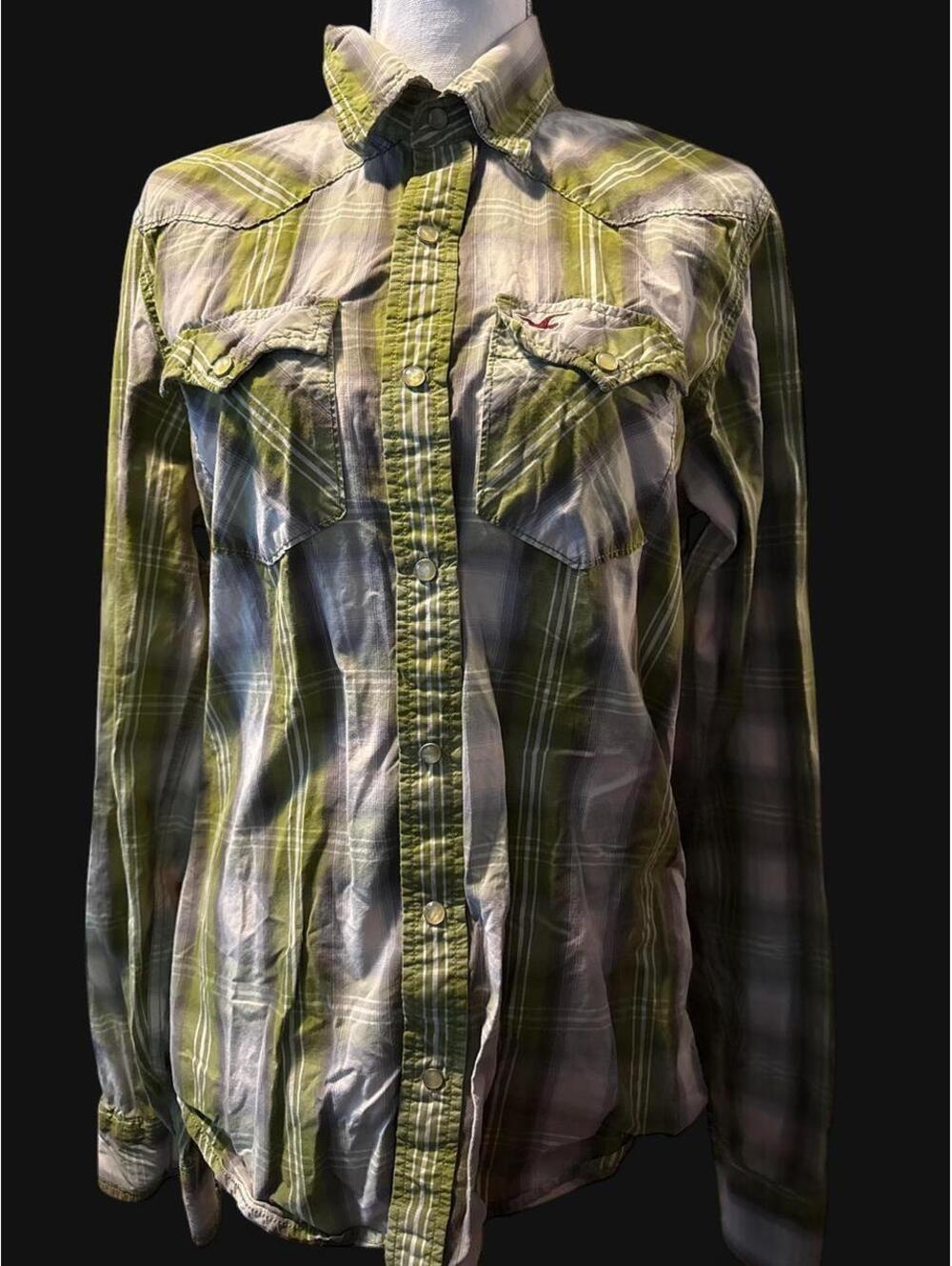 Vintage Hollister California Y2K Plaid Western Shirt Green Gray Distressed M